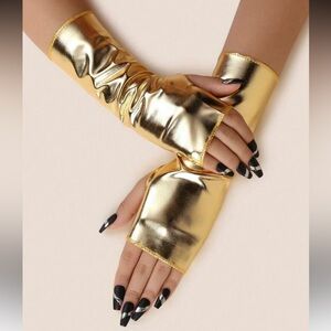 Faux Leather Fingerless Gloves in Gold